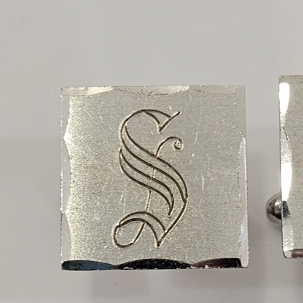 Vintage Anson Sterling Silver Bullet Back Square Monogram Initial S Cufflinks
